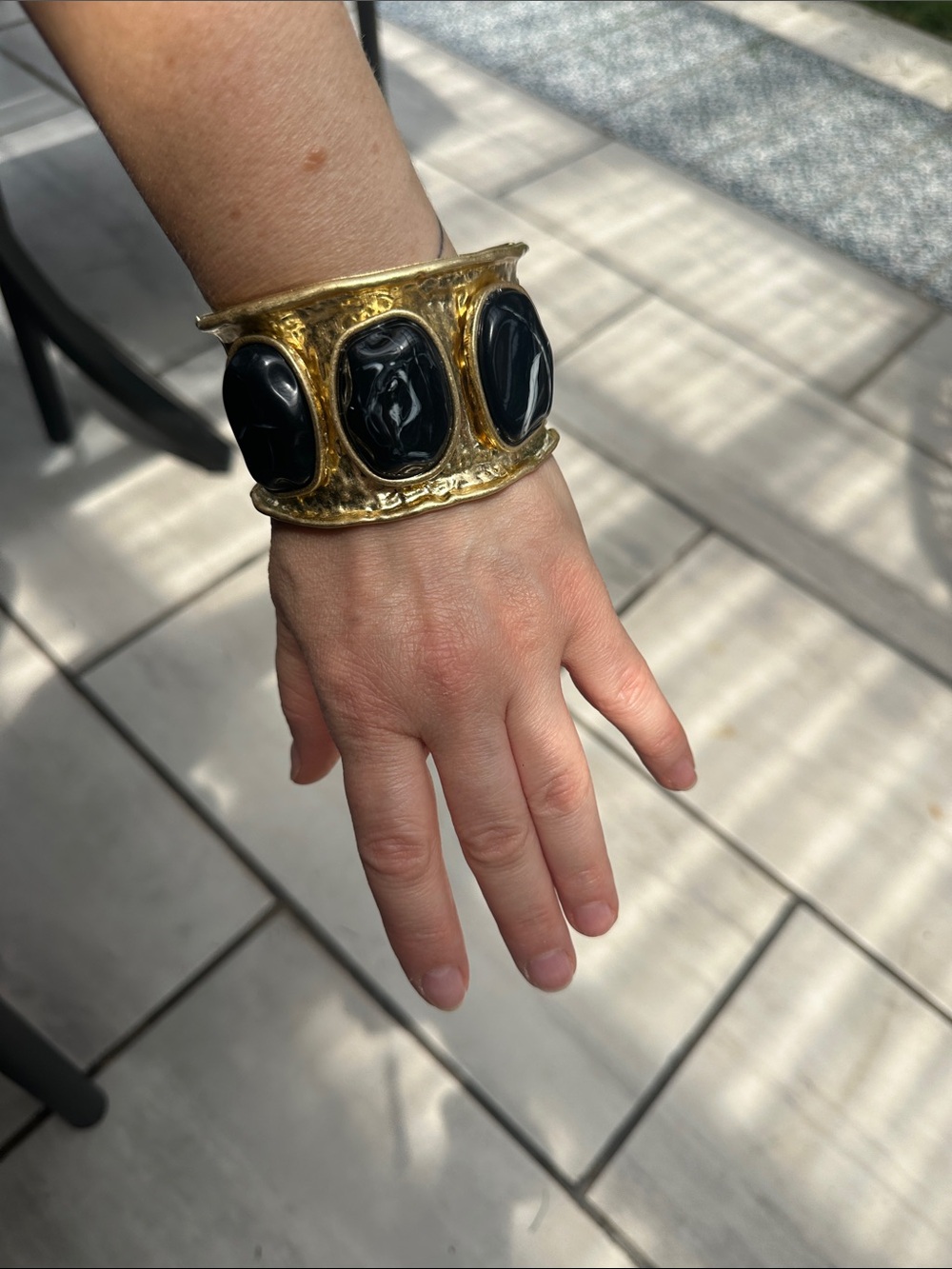 Gold Tone Cuff Bracelet with Black Stone Accents - Picture 5 of 5
